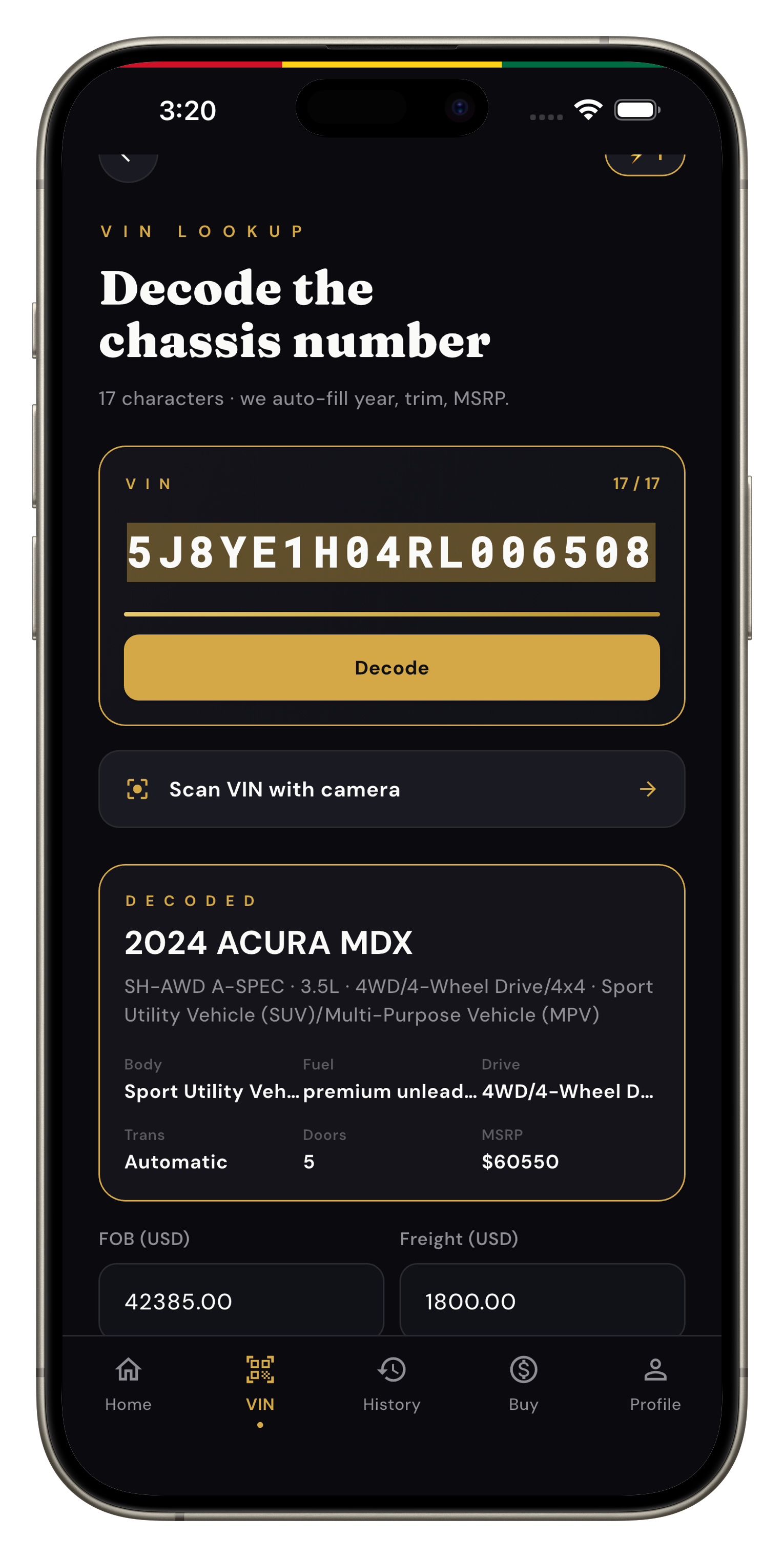 GHDuty VIN Lookup Screen